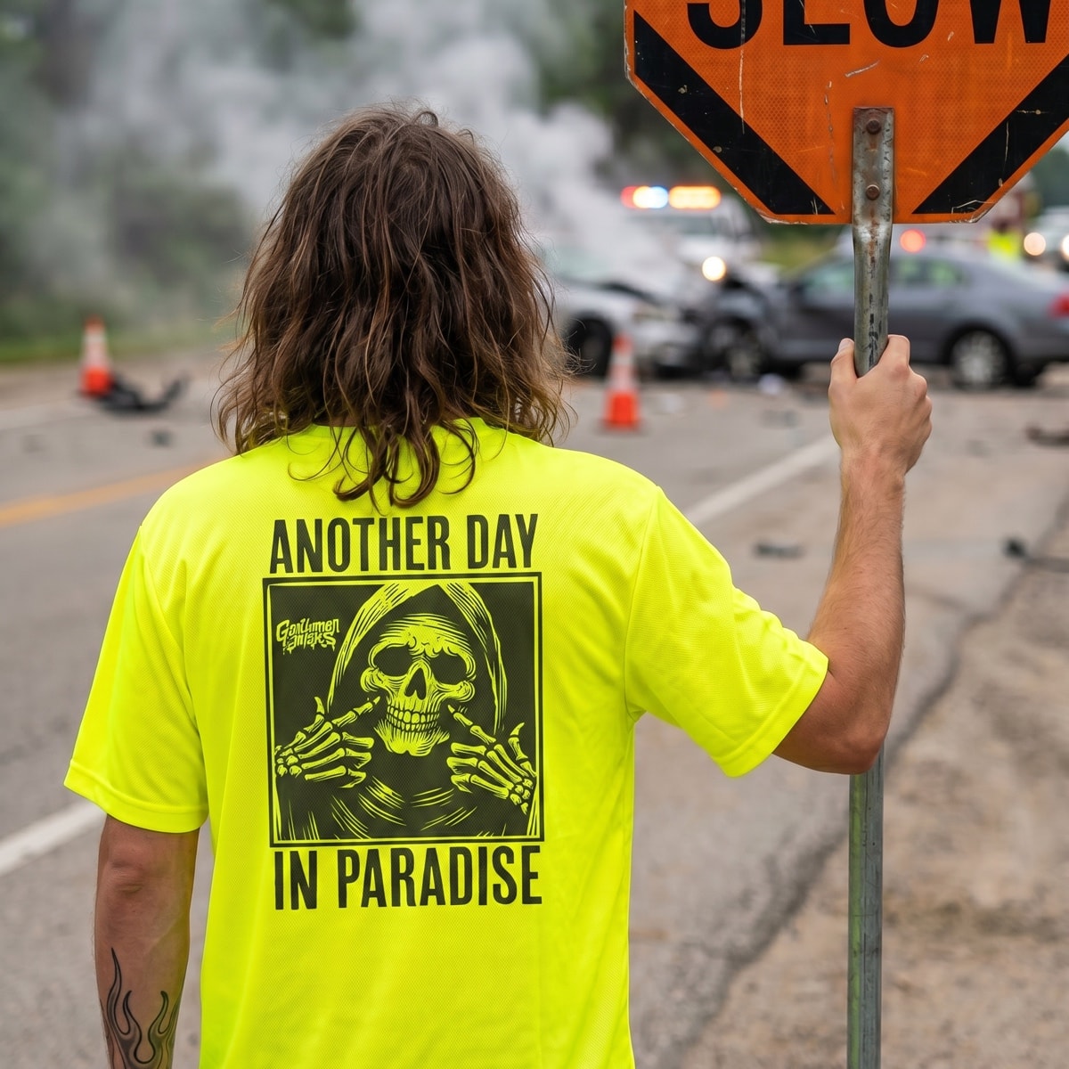 Another Day In Paradise • Hi-Vis Yellow Work Tee